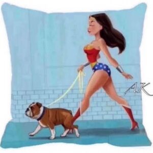 Wonder Woman Walking English Bulldog 🐾 Decor Accent Pillow Cover
